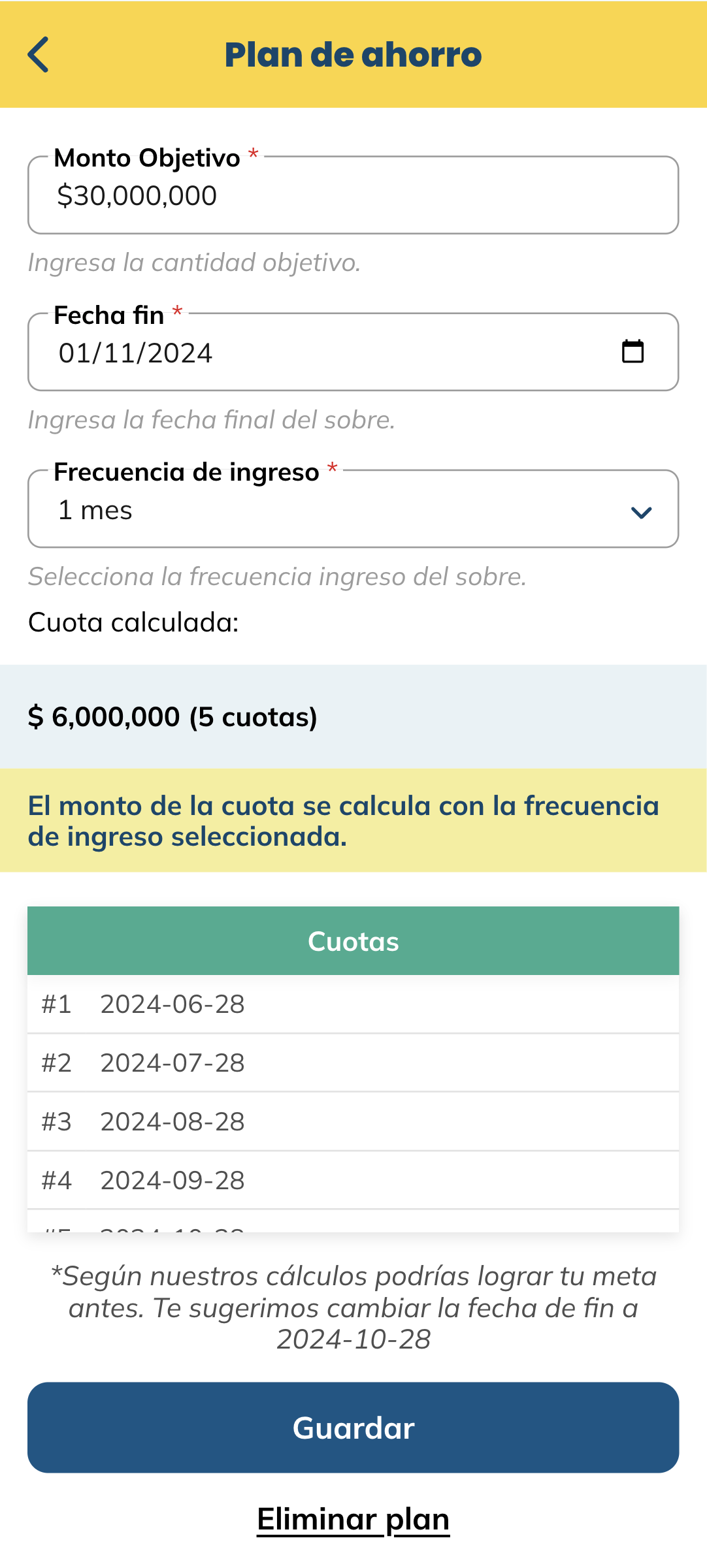 Captura de pantalla del formulario de plan ahorros