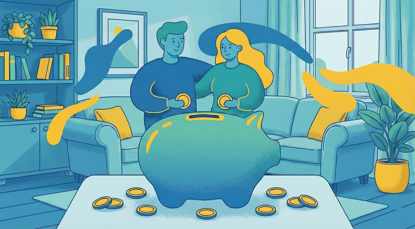 Pareja guardando dinero juntos en una alcancía